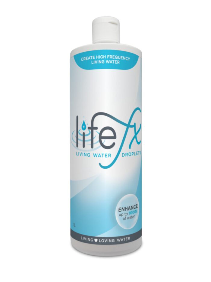 LifeFX LIving Water Droplets 1 litre bottle contains black mica, otherwise known as biotite, wtih distilled water for advanced water purification and optimization.