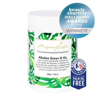 Mayella Alkalise Green & Go Nutritional Blend with Palm oil free and Beauty Shortlist Wellbeing Award icons.