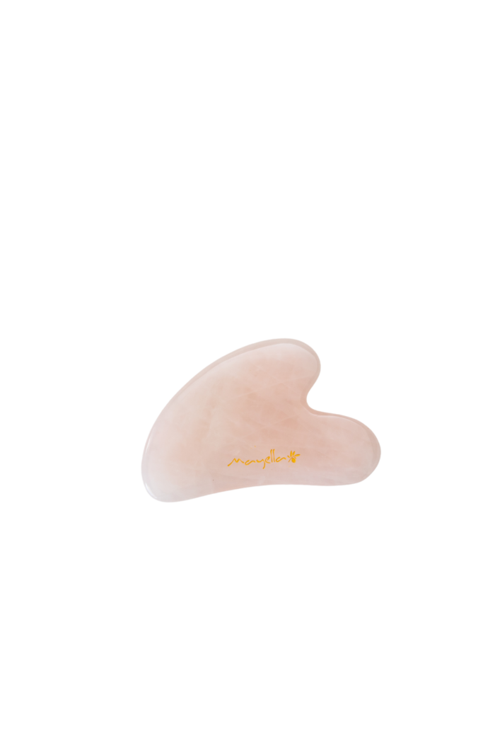 Mayella heart shaped Rose Quartz Gua Sha on white background