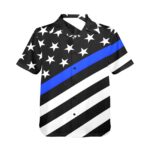 A button-up shirt featuring a black and white American flag design with a blue line across the chest.